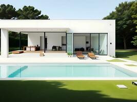 exterior de moderno minimalista casa con nadando piscina, generativo ai foto