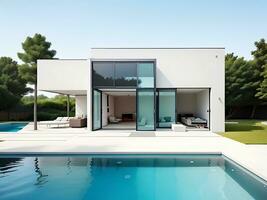 exterior de moderno minimalista casa con nadando piscina, generativo ai foto