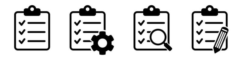 Clipboard icon. Checklist with gear, checkmarks, magnifier and pencil. Vector illustration.