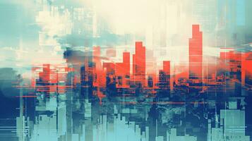 Generative AI, Poster with cityscape in risograph and glitch style, vivid colors photo