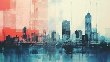 Generative AI, Poster with cityscape in risograph and glitch style, vivid colors photo