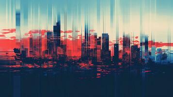 Generative AI, Poster with cityscape in risograph and glitch style, vivid colors photo