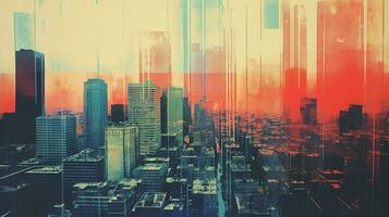 Generative AI, Poster with cityscape in risograph and glitch style, vivid colors photo