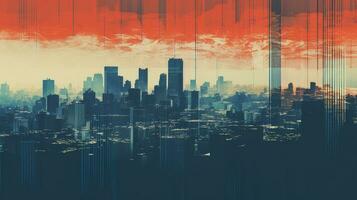 Generative AI, Poster with cityscape in risograph and glitch style, vivid colors photo