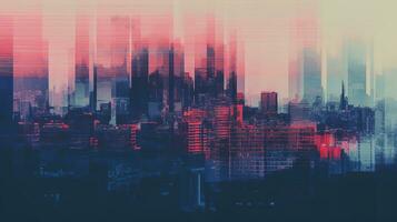 Generative AI, Poster with cityscape in risograph and glitch style, vivid colors photo