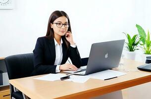 Young businesswoman sitting in office room, Generative ai photo