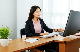 Young businesswoman sitting in office room, Generative ai photo