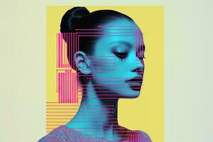 Generative AI, Poster with fashion woman face in risograph and glitch style, vivid colors photo