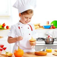 un pequeño niña en un delantal y del chef sombrero prepara comida ai generar foto