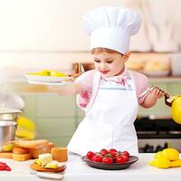 A little girl in an apron and chef's hat prepares food ai generate photo