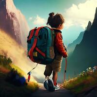 A little boy is starting a journey with a backpack ai generate photo