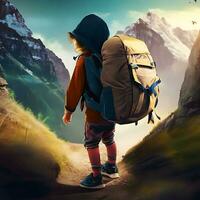 A little boy is starting a journey with a backpack ai generate photo