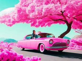 vintage classic car pink wallpaper ai generate photo