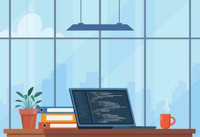 Laptop with cup of coffee and plant in pot. Workplace of coder, online programmer. Coding and programming. Workplace with modern interior, panoramic windows, cityscape behind. Vector illustration.