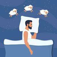 Man falls asleep, dreams, and counts sheep. Insomnia and sleep disorders. Guy lying on the bed, lambs are jumping around. Around the stars and dark space. Vector illustration.