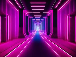 3d rendering, abstract neon background with pink glowing lines and floor reflection ai generate photo