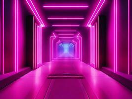 3d rendering, abstract neon background with pink glowing lines and floor reflection ai generate photo