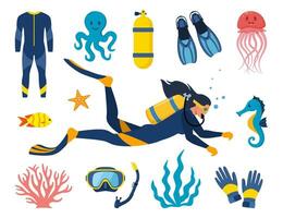 Diving and underwater world, set of elements. Diver with aqualung oxygen cylinders and flippers, mask, tube, marine life elements. Starfish, octopus, jellyfish, corals, algae. Vector illustration.