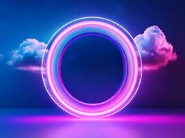 3d render, abstract minimal background, pink blue neon light round, Generative AI photo