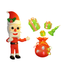 Santa Claus con raggiante stelle, Magia Borsa, Natale albero, agrifoglio bacca foglie, regalo scatola, cappello, bicchiere trasparente lampada ghirlande. allegro Natale e contento nuovo anno, 3d rendere illustrazione png