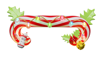 candy cane with red bow, holly berry leaves, glass transparent lamp. merry christmas and happy new year, 3d render illustration png
