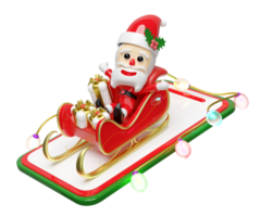 3d Santa claus with sleigh, smartphone, hat, holly berry leaves, glass transparent lamp garlands, gift box, party banner. merry christmas and happy new year, online shopping, 3d render illustration png