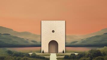 Generative AI, space door in the surreal landscape, sense of healing concept photo