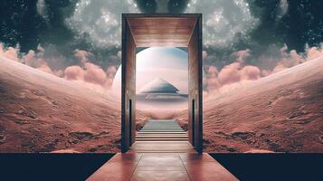 Generative AI, space door in the surreal landscape, sense of healing concept photo