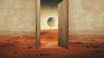 Generative AI, space door in the surreal landscape, sense of healing concept photo