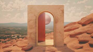 Generative AI, space door in the surreal landscape, sense of healing concept photo