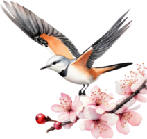 Watercolor paintings of colorful Scissor-tailed flycatcher birds.  Ai-Generated. png
