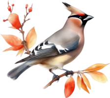 acuarela pinturas de vistoso bohemio Waxwing aves. ai-generado. png