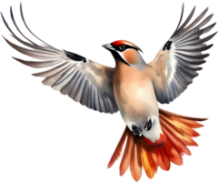 Watercolor paintings of colorful Bohemian waxwing birds.  Ai-Generated. png