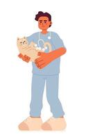 masculino veterinario con gato dibujos animados plano ilustración. clínica veterinario hombre medio oriental participación gatito 2d personaje aislado en blanco antecedentes. médico animal. veterinario médico escena vector color imagen