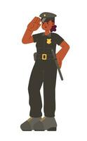 policía oficial mujer saludando dibujos animados plano ilustración. detective mujer policía africano americano 2d personaje aislado en blanco antecedentes. civil servidor, negro hembra policía escena vector color imagen