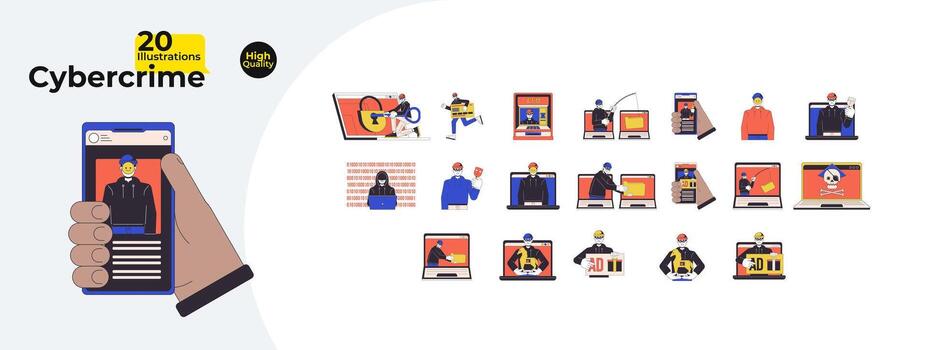 Cybercrime 2D linear illustration concept bundle. Cyber fraud, hacker malware cartoon characters isolated on white. Stealing computer crime metaphor abstract flat vector outline graphic collection