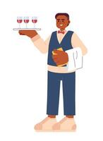 Waiter serving cartoon flat illustration. African american male restaurant server with tray 2D character isolated on white background. Sommelier man. Catering wedding scene vector color image