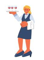 Waitress restaurant cartoon flat illustration. Caucasian female hostess server carrying tray wineglasses 2D character isolated on white background. Catering servant scene vector color image