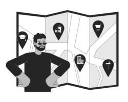 African american man choosing ideal neighborhood black and white 2D line cartoon character. Bearded guy looks for place to live isolated vector outline person. Monochromatic flat spot illustration