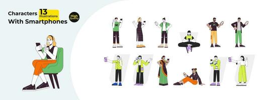 Multicultural people with mobile phones line cartoon flat illustration bundle. Cellphone using 2D lineart characters isolated on white background. Holding smartphones vector color image collection