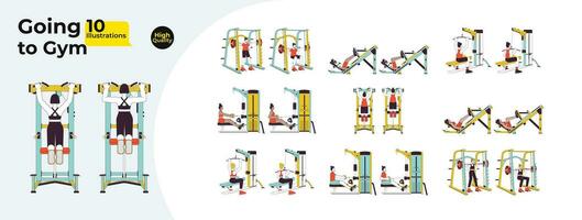 Gym sports training line cartoon flat illustration bundle. Diverse sportswoman sportsman 2D lineart characters isolated on white background. Machines workout scenes vector color image collection