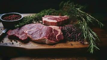 Generative AI, Raw fresh beef steak on the table with herbs and spices, close up macro photo, aesthetic muted colors photo