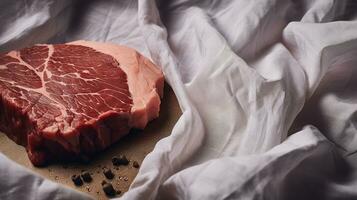 Generative AI, Raw fresh beef steak on the table with herbs and spices, close up macro photo, aesthetic muted colors photo