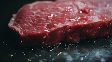 Generative AI, Raw fresh beef steak on the table with herbs and spices, close up macro photo, aesthetic muted colors photo