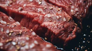 Generative AI, Raw fresh beef steak on the table with herbs and spices, close up macro photo, aesthetic muted colors photo