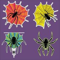 Four Black Spiders on Orange and Yellow Webs Against Purple Background vector