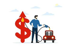 Concept of rising fuel prices, fuel economy crisis and expensive gas prices. A young man is refueling his private car. fuel prices soared. inflation. flat vector illustration on white background.