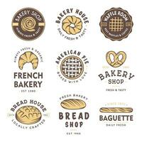 Set of vintage style bakery shop labels, badges, emblems and logo. Vector illustration. Colorful graphic art with engraved design elements. Collection of linear graphic on white background.