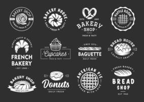 Set of vintage style bakery shop labels, badges, emblems and logo. Vector illustration. White graphic art with engraved design elements. Collection of linear graphic on black background.