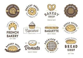 Set of vintage style bakery shop labels, badges, emblems and logo. Vector illustration. Colorful graphic art with engraved design elements. Collection of linear graphic on white background.